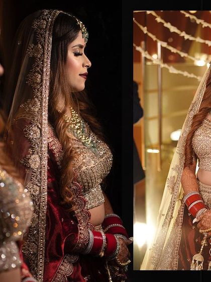 A classic diptych of bridal portraits, showing a reflection shot and a direct pose, capturing the bride's beauty in her wedding attire.