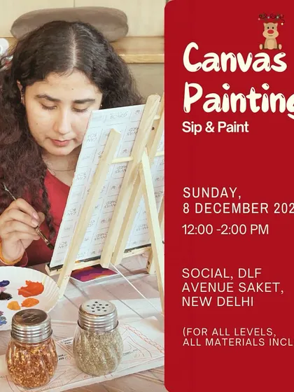 This poster advertises our December canvas painting event in Saket, perfect for a creative and festive weekend activity.