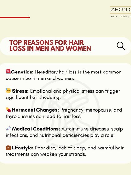 These are the top reasons for hair loss in both men and women: genetics, stress, hormonal changes, medical conditions, and lifestyle. We help you identify and address your specific cause.