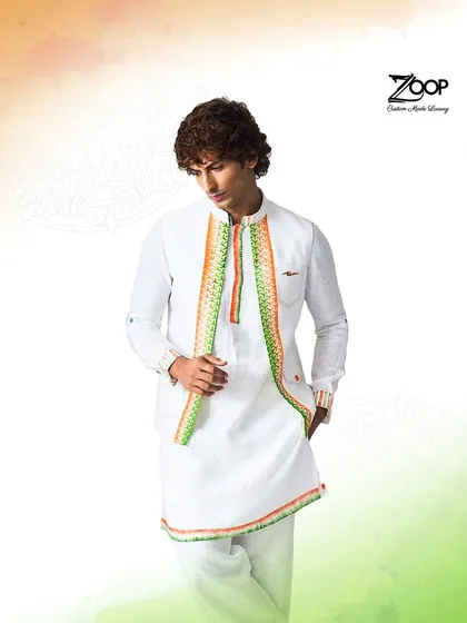 Celebrate tradition with a patriotic twist. This white kurta set features tricolor detailing along the placket and cuffs, offering a refined and elegant look for Independence Day.