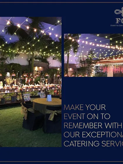 Our magical evening buffet setup under a canopy of fairy lights. This collage highlights the enchanting atmosphere we create for nighttime celebrations.