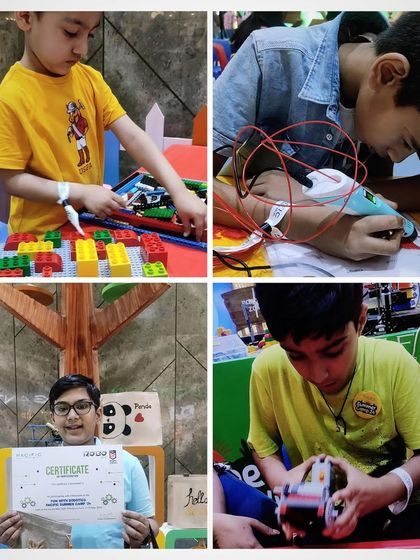 This collage from our Pacific Mall event showcases the range of activities: a child building with LEGOs, another focused on 3D doodling, and a proud participant holding his completion certificate.