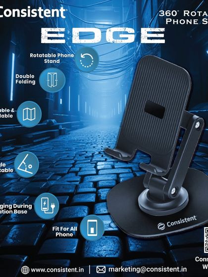The "Edge" 360-degree rotatable phone stand is a versatile accessory for any desk. It is portable, foldable, and angle-adjustable, fitting all phone sizes and even allowing you to charge your device while it's on the stand.