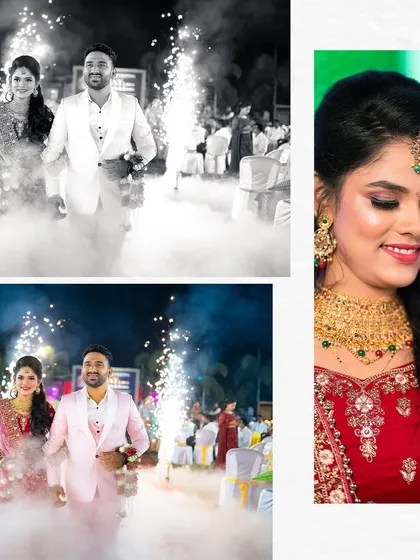 Making a grand entrance as husband and wife. We capture the excitement of the reception with dramatic elements like cold pyro effects, creating a stunning photograph that feels like a movie scene.