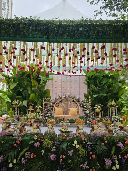 A full frontal view of the outdoor baby shower stage.