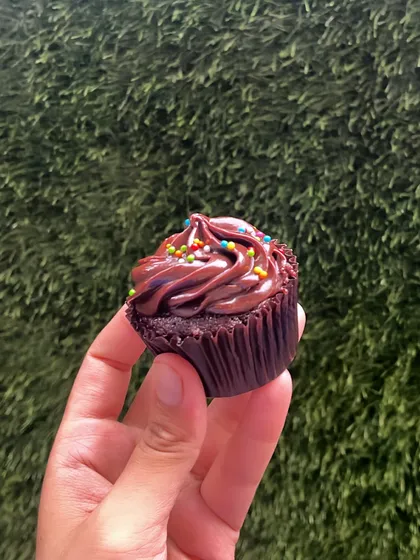 A single, perfect chocolate cupcake to satisfy your cravings. This scrumptious treat is vegan, can be made gluten-free on request, and is topped with rich chocolate frosting and colorful sprinkles.