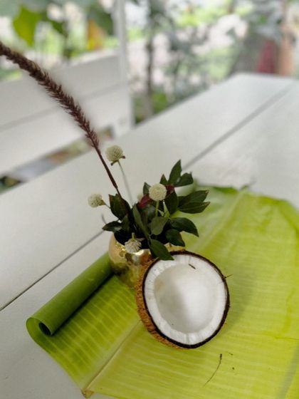 A minimalist and elegant detail of a coconut and banana leaf, part of a sustainable and nature-inspired wedding theme.