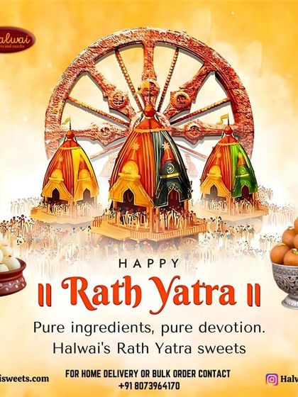 Happy Rath Yatra. We celebrate with pure ingredients and pure devotion, offering traditional sweets like Rasgulla and Ladoo to honor the divine journey.