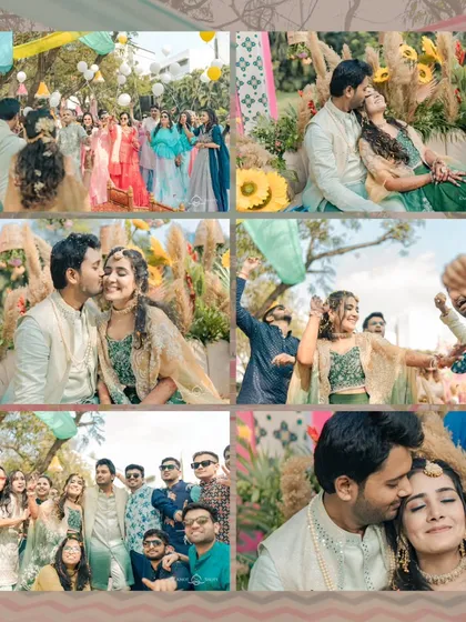 A collage showing all the fun of the haldi. From the couple's entrance to candid moments with friends, it's a snapshot of the entire event.