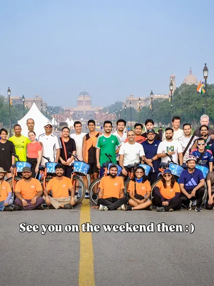 A fantastic group of riders ready to take on the city. This photo captures the community spirit of our weekend tours against the iconic backdrop of New Delhi.