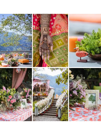 A collage of the intricate details from a Mehendi, from the henna design to the decor and natural surroundings.