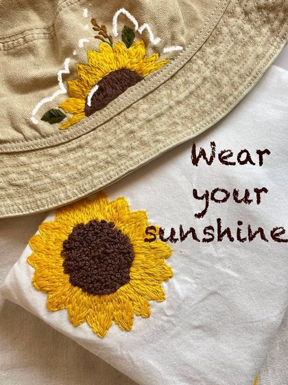 The full sunflower set, with the 'Wear your sunshine' text embroidered on the t-shirt. A perfect gift for your human sunflower.