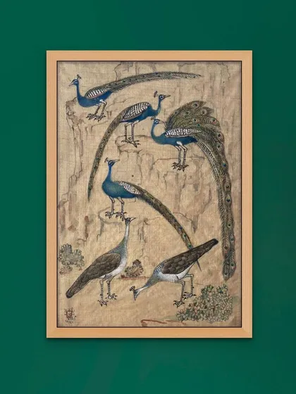 An 'ostentation of six' peacocks by bird specialist Devaki Nandan Sharma. This 1965 watercolour on cloth showcases the artist's mastery in depicting birds, a skill he honed under the tutelage of Nandalal Bose at Shantiniketan.