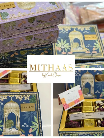 These custom-printed boxes were created for a corporate order with Snitch. The design features beautiful Indian motifs, and the boxes are filled with an assortment of my artisanal chocolates and rose-petal-covered dates.