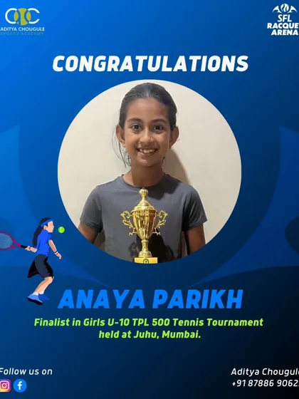 We celebrate Anaya Parikh, a finalist in the Girls U-10 TPL 500 Tennis Tournament held in Juhu, Mumbai. Her dedication on the court is an inspiration to her peers.