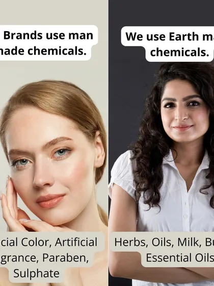 This image explains my philosophy in the simplest terms. While many brands use man-made chemicals, I rely on earth-made ingredients. My products are formulated with herbs, natural oils, milk, and butters, avoiding artificial colors, parabens, and sulfates entirely.