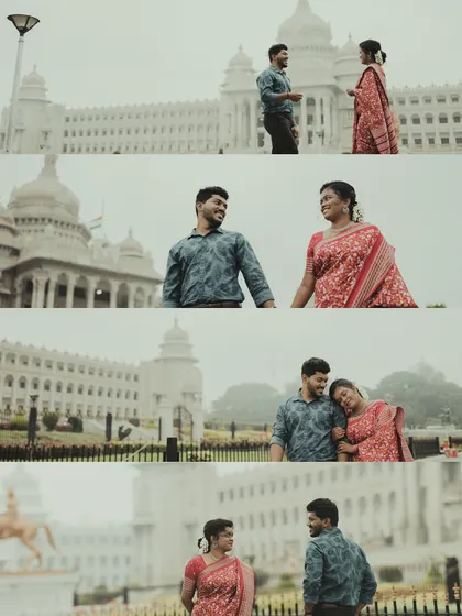 A collage of a couple's retro-themed pre-wedding shoot in front of Bengaluru's Vidhana Soudha, capturing a classic city romance.