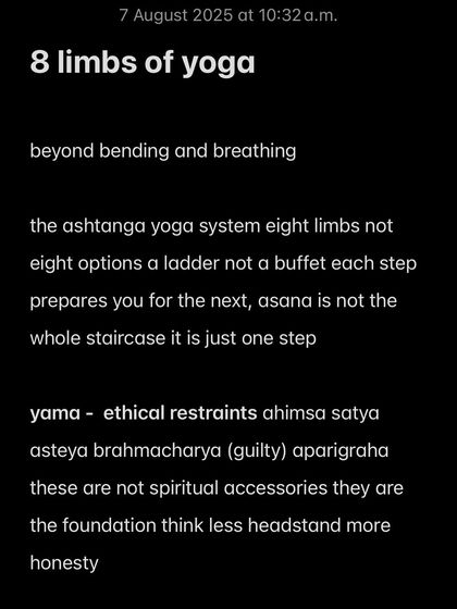 The 8 Limbs of Yoga are a ladder, not a buffet. It starts with Yama (ethical restraints) like honesty, not spiritual accessories.