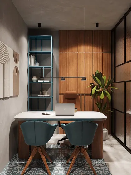 This 3D render showcases a private office cabin design. I combined warm wood paneling with a modern fluted glass partition to create a space that feels both open and private. The patterned floor tiles and minimalist art add character, while the focused lighting ensures a productive environment.
