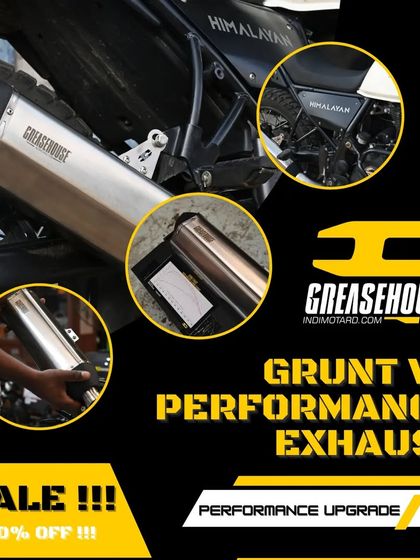 Another promotional image for our Grunt V5 exhaust, showing it installed on a Himalayan.
