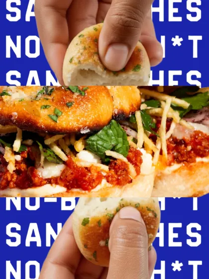 This creative shot combines the finished lamb sandwich with the garlic knot it's made from, telling a story about how I use my own baked goods in my sandwich creations.