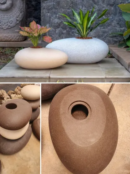 These unique, pebble-shaped planters are made from durable FRP material, perfect for making a statement in your garden or on a patio. They are available in different colors to match your outdoor decor.