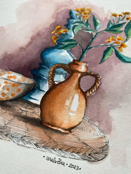 A close-up of my still-life painting. This detail shows the pen-and-ink cross-hatching on the wicker table and the loose watercolor washes on the vase, highlighting the mixed-media technique I used.