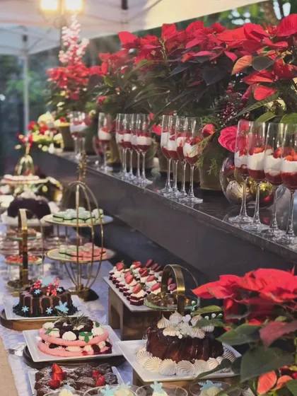 This festive dessert spread was part of a Christmas cake mixing ceremony I designed for the Taj West End. It shows how I integrate thematic elements into every aspect of an event, including catering presentation, to create a cohesive and celebratory mood.