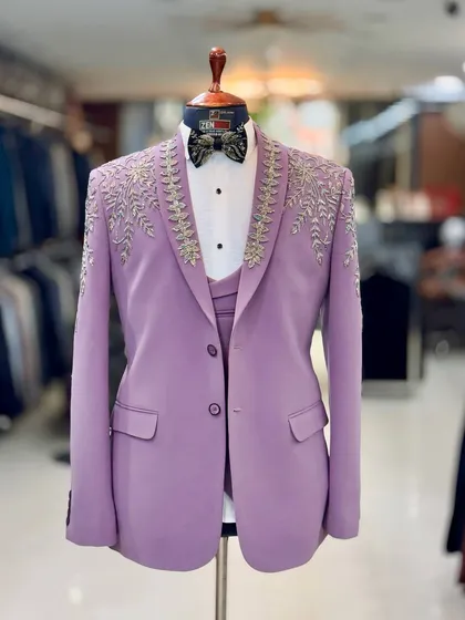 I love pushing boundaries with color. This custom lavender tuxedo, featuring delicate silver embroidery, is for the modern man who isn't afraid to stand out at a cocktail party or sangeet.