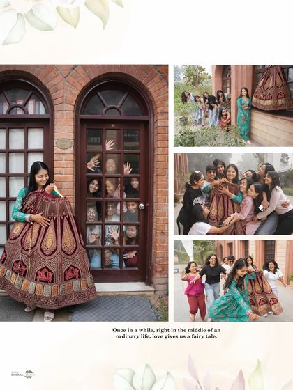 A playful collage of the bride and her squad. From posing with her lehenga to running joyfully, these photos capture the fun and friendship of the wedding morning.