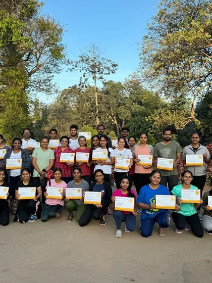 Our community after successfully completing 108 Surya Namaskaras to celebrate Rathasapthami 2024. The sense of shared accomplishment is immense.
