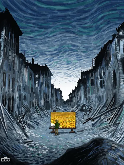 Hope can bloom in the most desolate of places. In this editorial illustration, I show an artist painting a brilliantly colored field of sunflowers against the backdrop of a ruined, monochromatic city. It’s my statement on the power of art to create light and life in the face of destruction and despair.