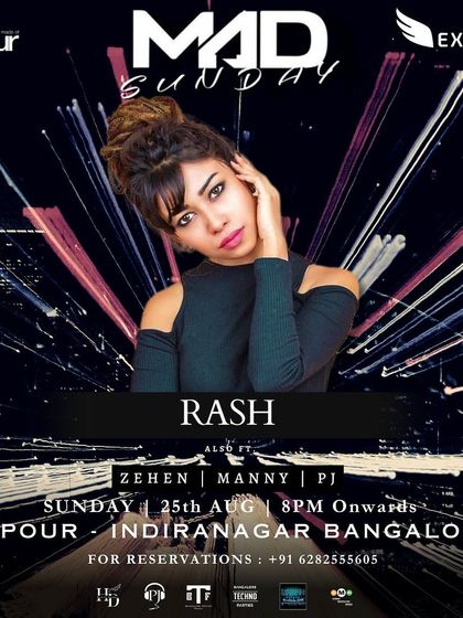 The "Mad Sunday" poster featuring DJ Rash, with a dynamic, light-streaked background.