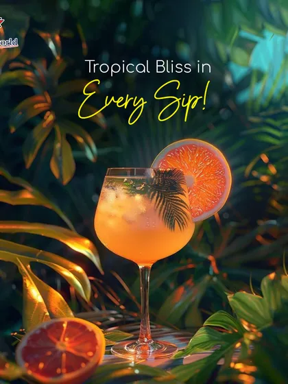 Another one of our tropical bliss cocktails, this time featuring a dehydrated grapefruit wheel and a palm leaf garnish. The presentation is designed to transport you to a lush, exotic getaway.