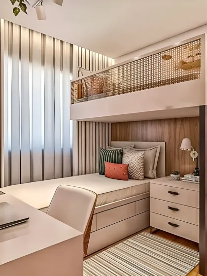 For compact Bangalore apartments, I design smart space-saving solutions. This custom loft bed integrates a comfortable sleeping area above a dedicated study space and storage, making the most of a small room's vertical space.