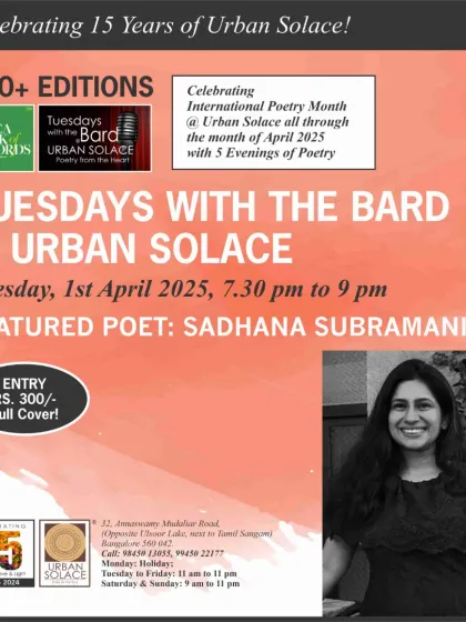 Kicking off International Poetry Month with featured poet Sadhana Subramanian. This poster invites everyone to be part of our first evening of "Poetry from the Heart."