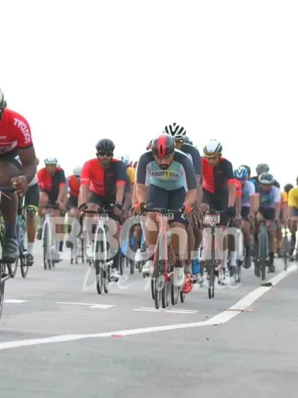 The elite peloton, a long line of riders stretching down the road.