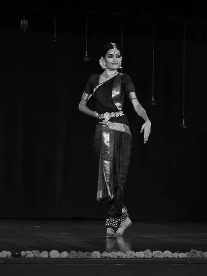 A black and white shot of my student Madhusri during her maiden Arangetram. This image captures the poise and confidence she exuded on stage.