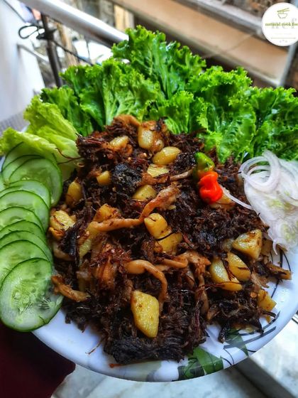 A unique stir fry made with dried beef and mushrooms, full of earthy and savory flavors.