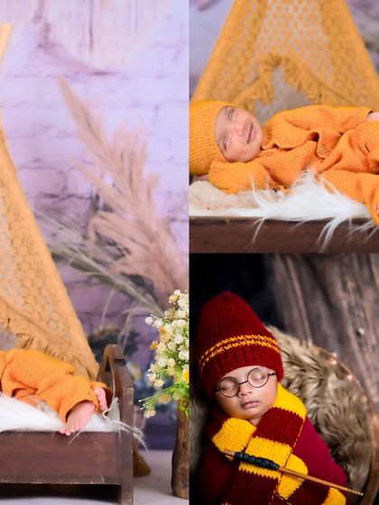 A collage of newborn photos, including a cozy teepee setup and a magical Harry Potter theme.