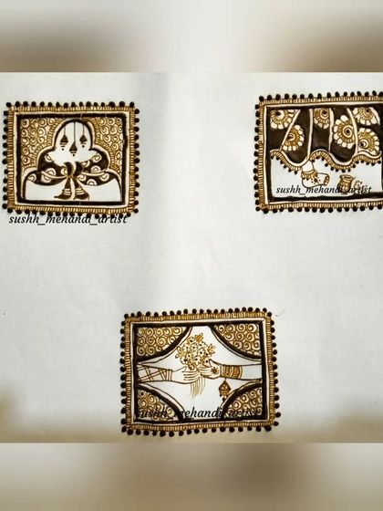 These are practice squares showing different wedding ceremony motifs. From the pheras to the varmala, I teach students how to draw these special moments to include in bridal designs.