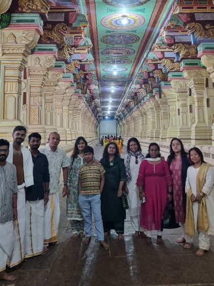 Our group inside the famous Ramanathaswamy Temple in Rameshwaram, known for its magnificent corridors. A spiritual and architectural marvel.
