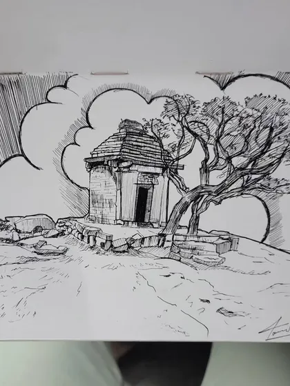 An ink drawing I did using Micron pens. This style of pen and ink art is something we practice in our outdoor sessions, focusing on line work and creating atmosphere with simple tools.