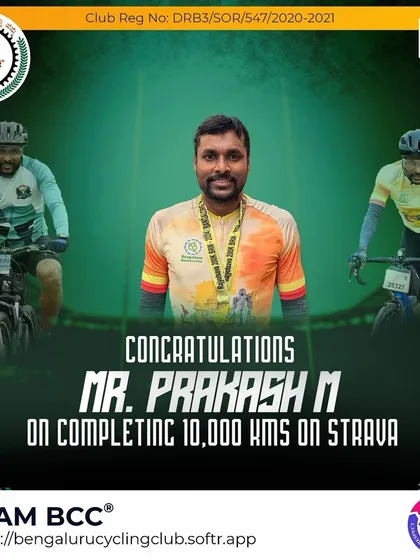 We congratulate Prakash M on completing 10,000 kms on Strava. Your hard work has paid off.