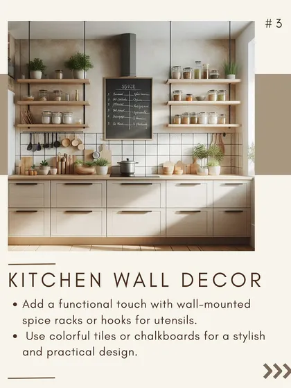 Kitchen wall decor can be both stylish and practical. This design features open shelving for spices, hooks for utensils, and a chalkboard for notes, adding a functional touch.