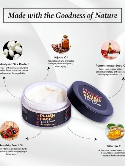 I chose every ingredient in my Plush Face Cream for its unique benefits. From the anti-aging power of Hydrolysed Silk Protein to the balancing properties of Jojoba Oil, this formula is a powerhouse of natural goodness.