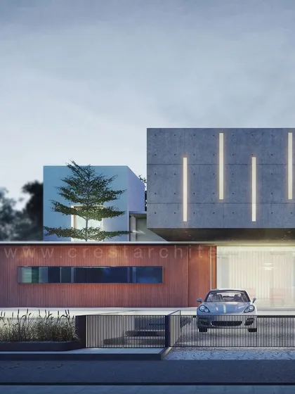 A final concept render for the Long House, depicting the intended atmosphere of the residence at dusk. This visualization was crucial for aligning on the project's aesthetic direction with our client.