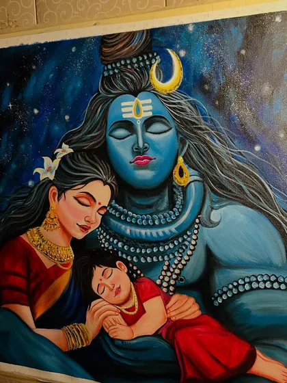 The complete Shiv Parivar painting, showing the divine family in a peaceful embrace. This 24x24 inch acrylic on canvas piece is available for purchase to bring blessings to your home.