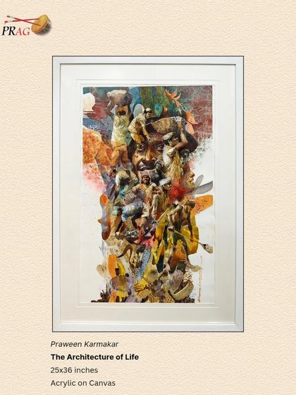 "The Architecture of Life" by Praween Karmakar is a complex, layered canvas. We used a clean white frame with a generous mount to give the dense composition breathing space, making it more approachable for the viewer.