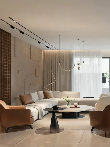 This luxury living room is a seamless blend of refined materials and bespoke detailing, featuring a mix of leather and fabric seating with modern lighting.